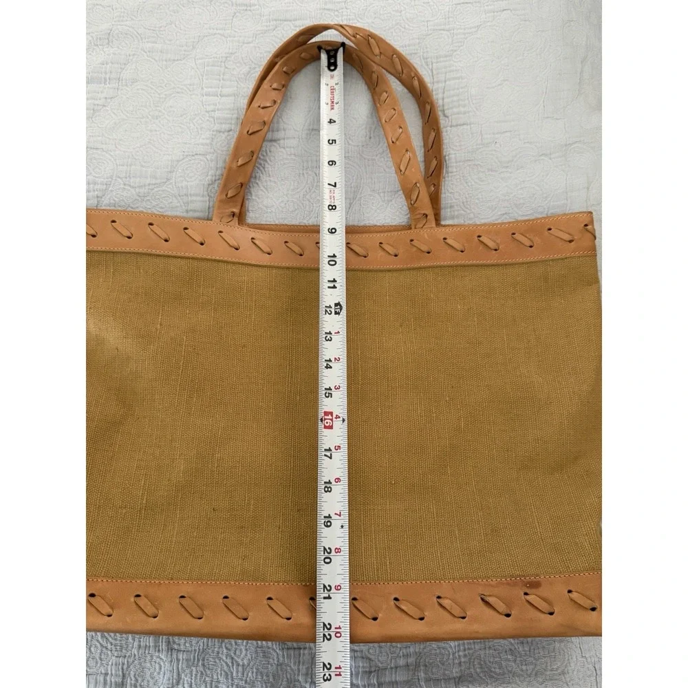 Anne Klein Tote Bag Leather Woven Green Canvas Large Summer Vintage 90s Y2K